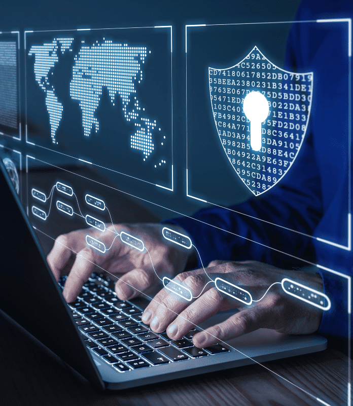 NEXSYS Cybersecurity - Hands Typing on Keyboard with Cybersecurity Lock, Binary Code, and Digital World Map