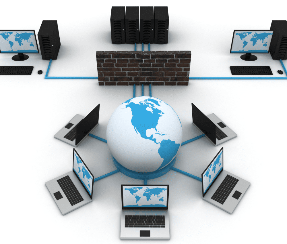 NEXSYS Managed Network Firewall Protection - Network of Computers Surrounding Globe Connected to Brickwall with Servers and Computers on the Other Side